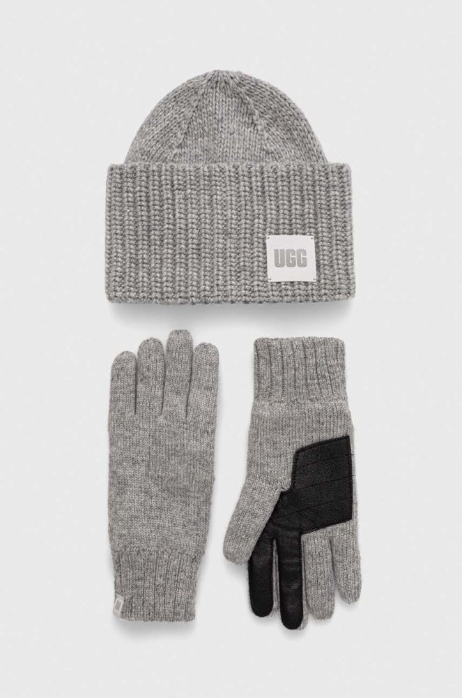 Шапка та рукавички з домішкою вовни UGG колір сірий