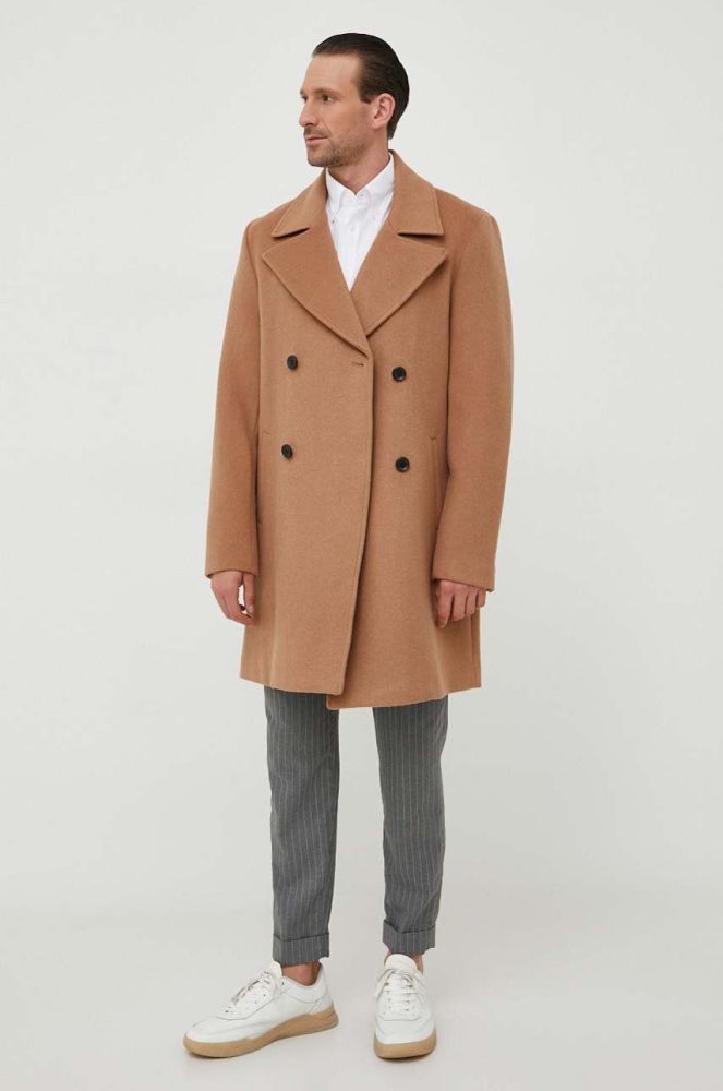 Вовняне пальто Guess колір коричневий перехідний двобортний