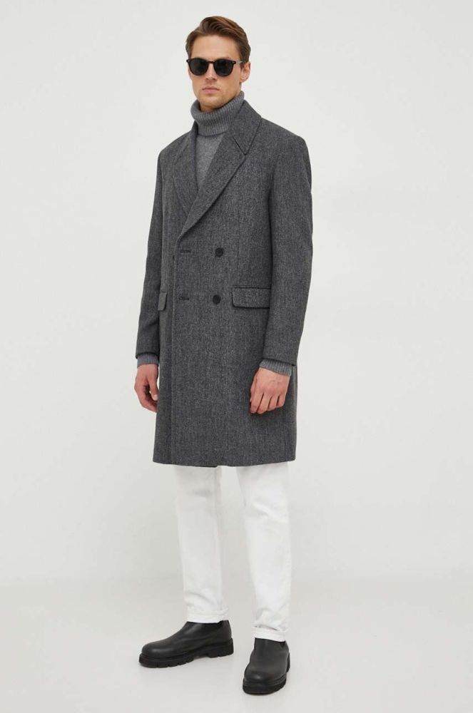 Пальто з домішкою вовни Sisley колір сірий перехідний двобортний