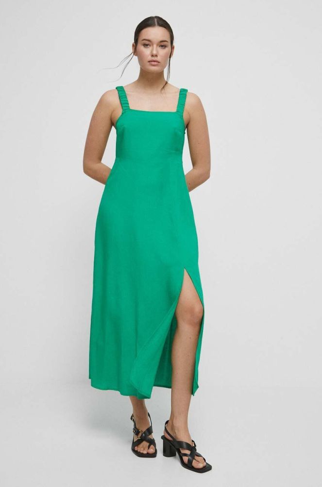 Сукня з домішкою льону Medicine колір зелений maxi розкльошена
