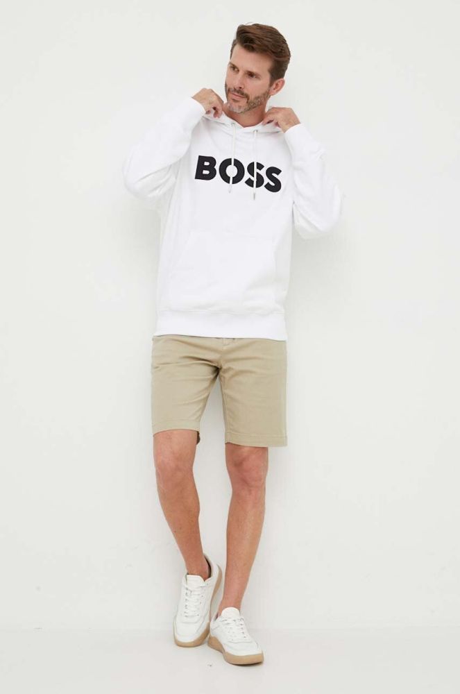 Бавовняна кофта BOSS чоловіча колір білий з капюшоном з аплікацією