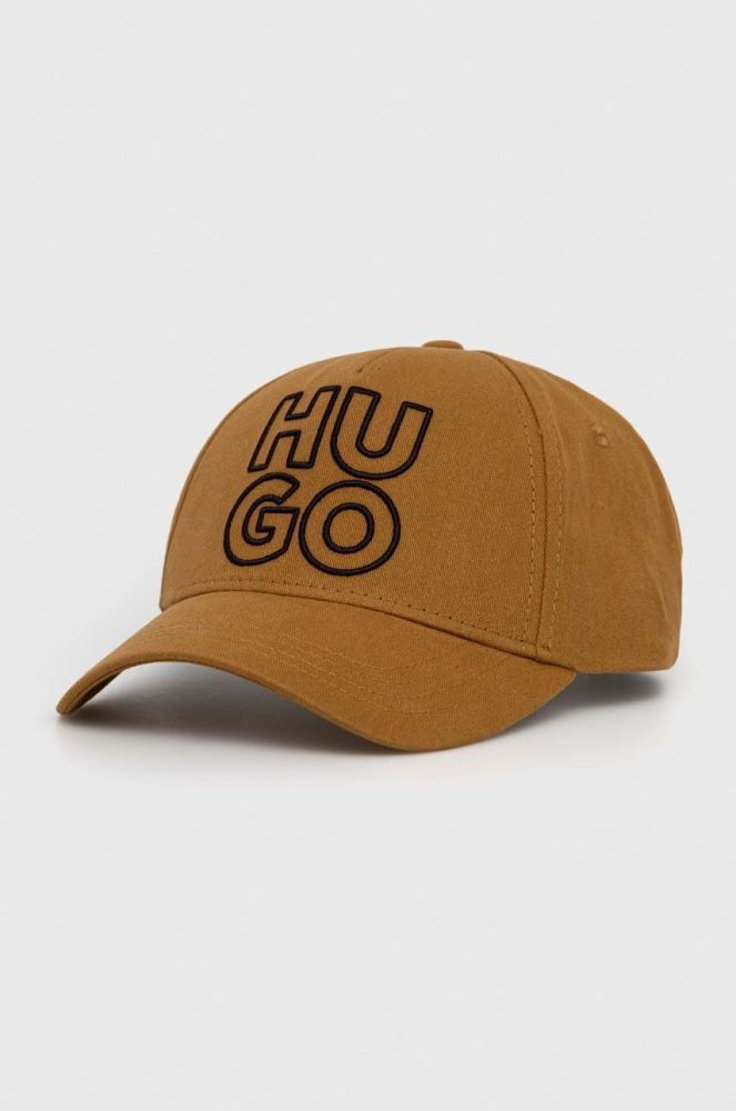 Бавовняна бейсболка HUGO колір коричневий з аплікацією