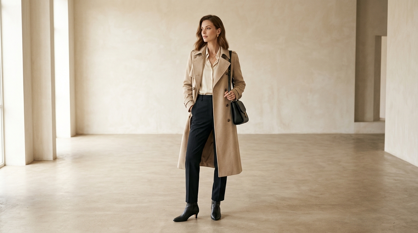 Образ: бежеве пальто, блузка й штани Answear.LAB, черевики Steve Madden, сумка Guess. Згенеровано ШІ