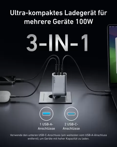 Швидка зарядка Anker Prime Charger 100W, 3 Ports, GaN (A2688341) фото 2