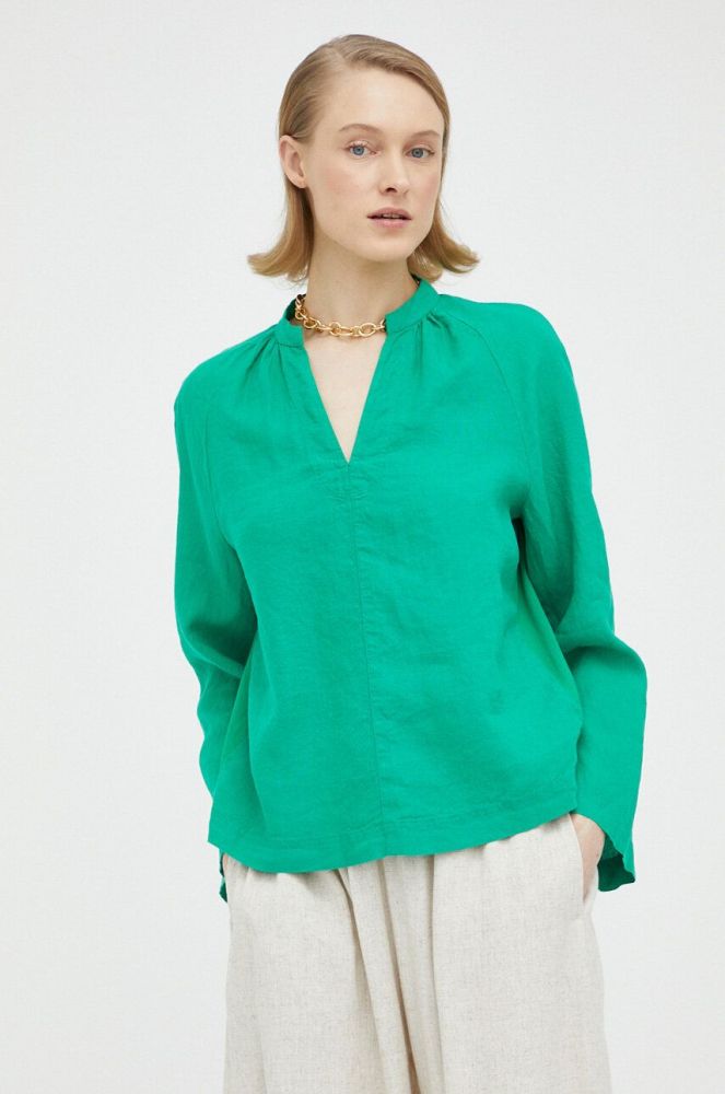 Льняна блузка Marc O'Polo колір зелений однотонна