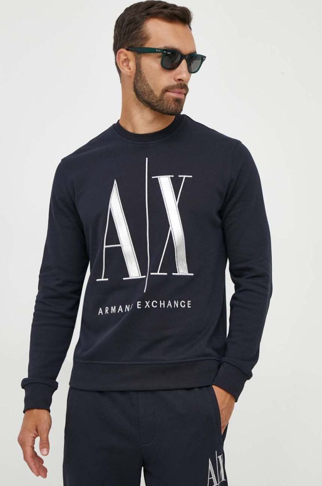 Бавовняна кофта Armani Exchange чоловіча колір синій з аплікацією (3380712)