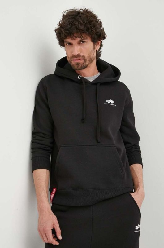 Кофта Alpha Industries Basic чоловіча колір чорний з капюшоном з принтом 196318.03-black