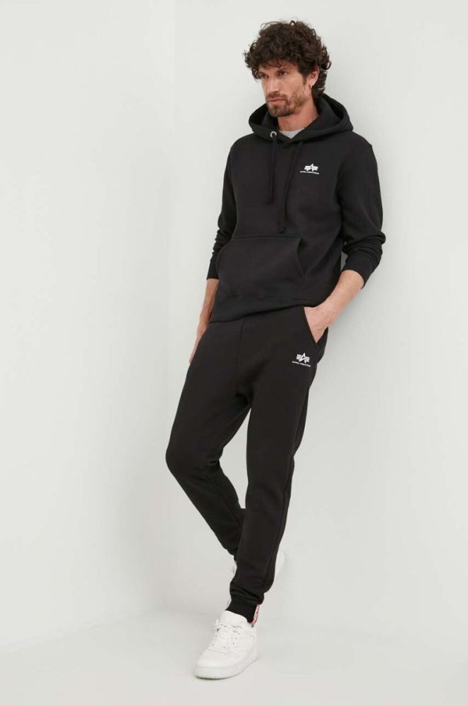 Кофта Alpha Industries Basic чоловіча колір чорний з капюшоном з принтом 196318.03-black фото 2