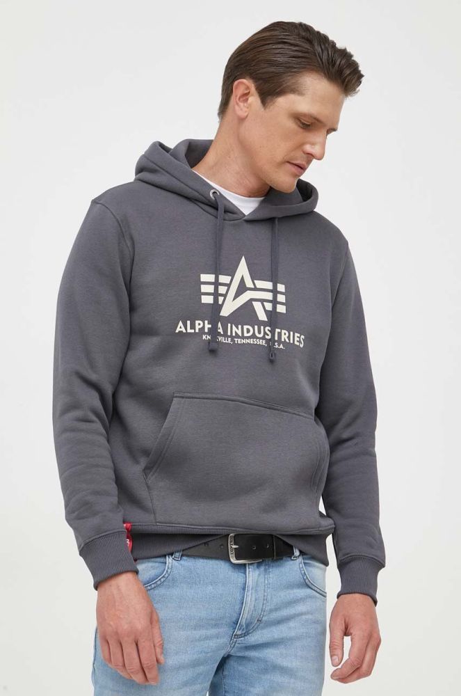 Кофта Alpha Industries Basic чоловіча колір сірий з капюшоном з принтом 178312.136-grey