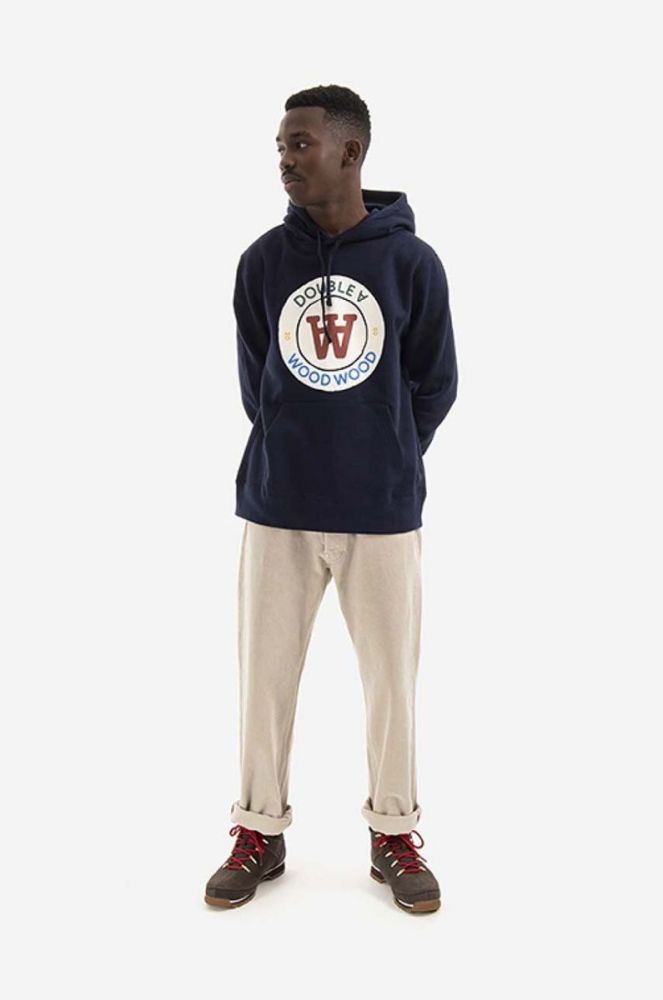 Бавовняна кофта Wood Wood Ian Crest Hoodie чоловіча колір синій з капюшоном з принтом 10285600.2424-NAVY фото 2