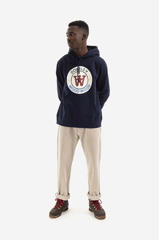 Бавовняна кофта Wood Wood Ian Crest Hoodie чоловіча колір синій з капюшоном з принтом 10285600.2424-NAVY фото 2