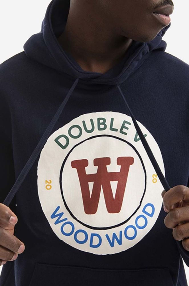 Бавовняна кофта Wood Wood Ian Crest Hoodie чоловіча колір синій з капюшоном з принтом 10285600.2424-NAVY фото 4