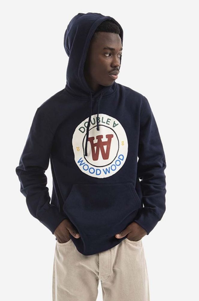 Бавовняна кофта Wood Wood Ian Crest Hoodie чоловіча колір синій з капюшоном з принтом 10285600.2424-NAVY фото 5