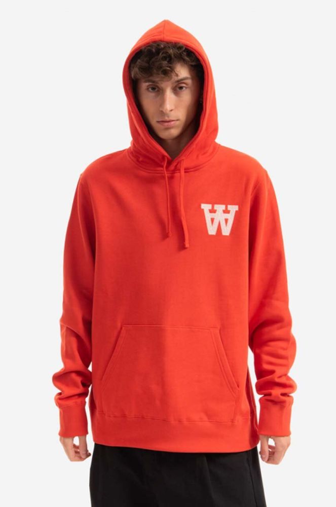 Бавовняна кофта Wood Wood Ian AA Hoodie чоловіча колір червоний з капюшоном з аплікацією 10295600.2424-CHILIRE