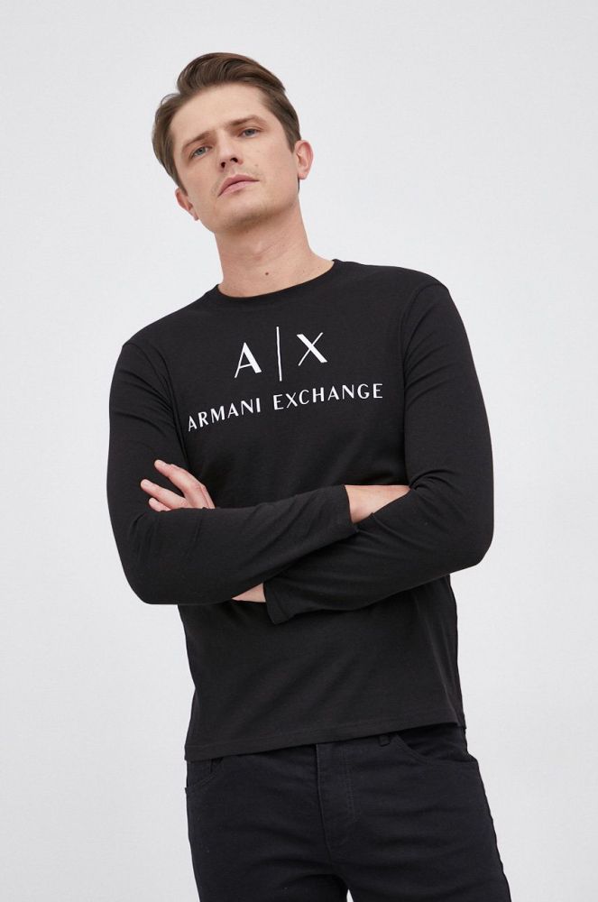 Лонгслів Armani Exchange чоловічий колір чорний з принтом