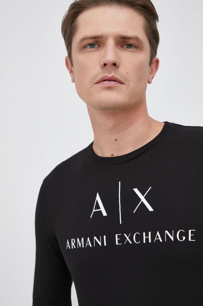 Лонгслів Armani Exchange чоловічий колір чорний з принтом фото 4