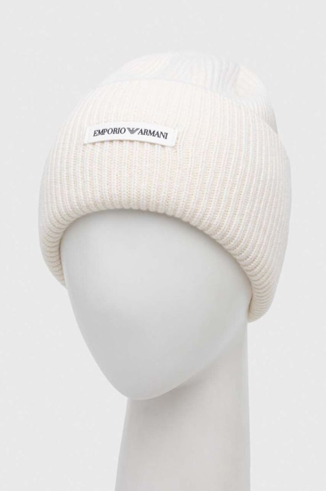 Вовняна шапка Emporio Armani колір бежевий з товстого трикотажу вовна фото 2