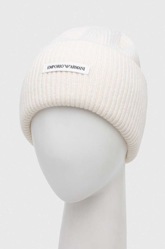 Вовняна шапка Emporio Armani колір бежевий з товстого трикотажу вовна фото 2