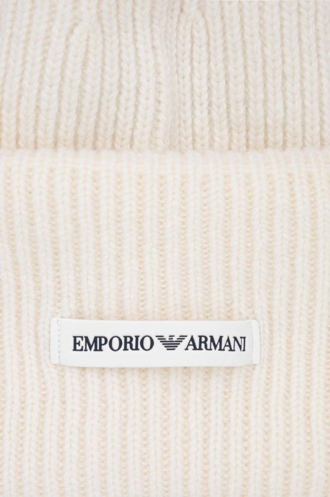 Вовняна шапка Emporio Armani колір бежевий з товстого трикотажу вовна фото 3
