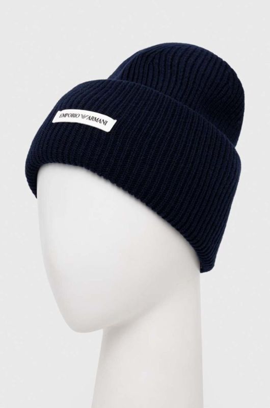 Вовняна шапка Emporio Armani колір синій з товстого трикотажу вовна фото 2