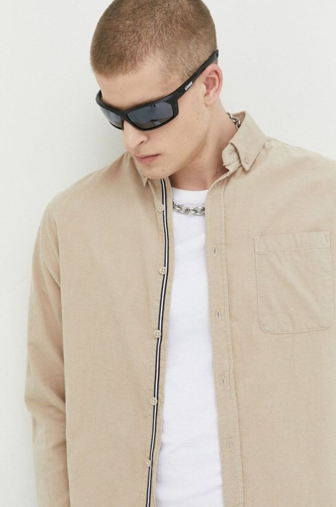 Вельветова сорочка Solid колір бежевий regular комір button-down фото 4