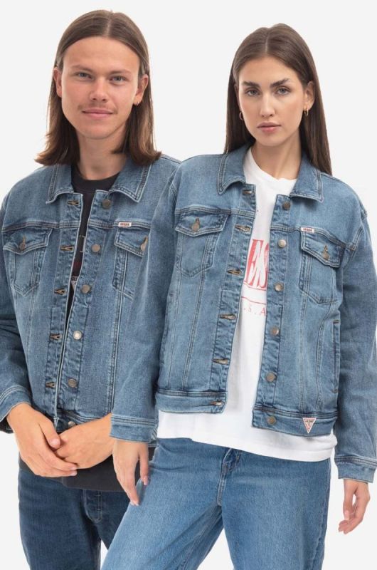Бавовняна джинсова куртка Guess Originals перехідна oversize W2BXN2.D4ON2-F7QV колір блакитний