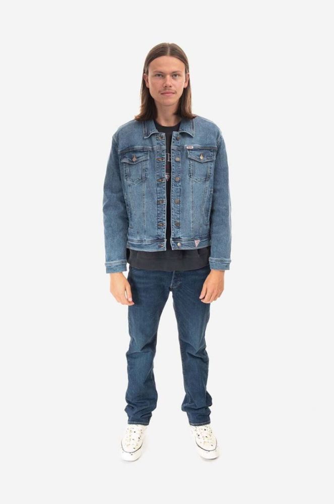 Бавовняна джинсова куртка Guess Originals перехідна oversize W2BXN2.D4ON2-F7QV колір блакитний фото 3