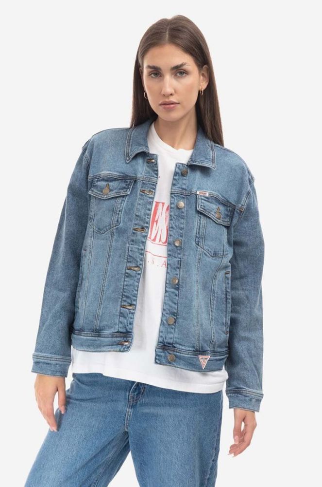 Бавовняна джинсова куртка Guess Originals перехідна oversize W2BXN2.D4ON2-F7QV колір блакитний фото 8
