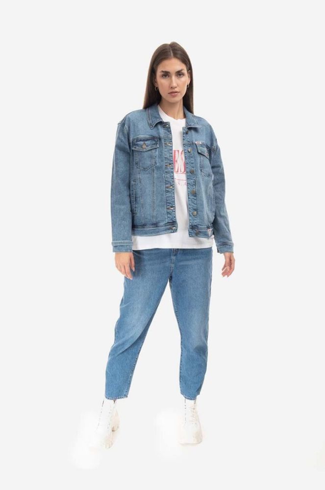 Бавовняна джинсова куртка Guess Originals перехідна oversize W2BXN2.D4ON2-F7QV колір блакитний фото 9