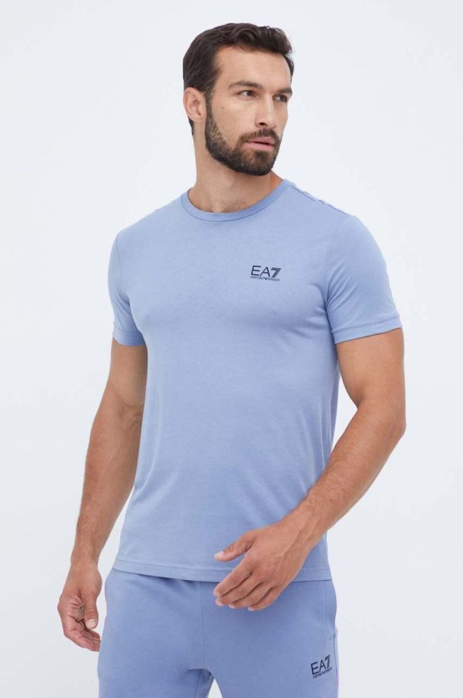 Бавовняна футболка EA7 Emporio Armani з принтом колір блакитний