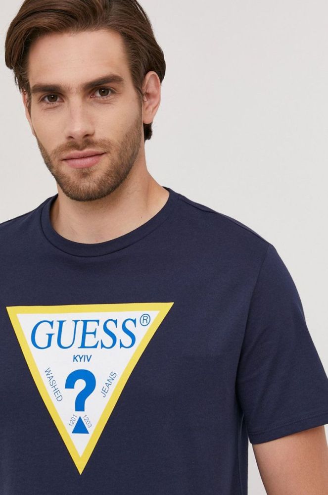 Футболка Guess чоловіча колір синій з принтом фото 6