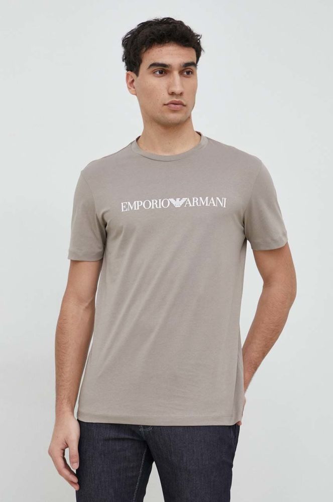 Бавовняна футболка Emporio Armani колір бежевий з принтом