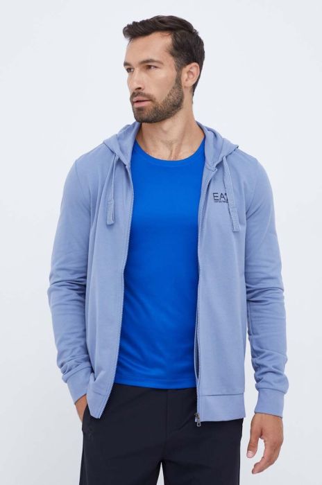 Бавовняна кофта EA7 Emporio Armani чоловіча з капюшоном однотонна колір блакитний