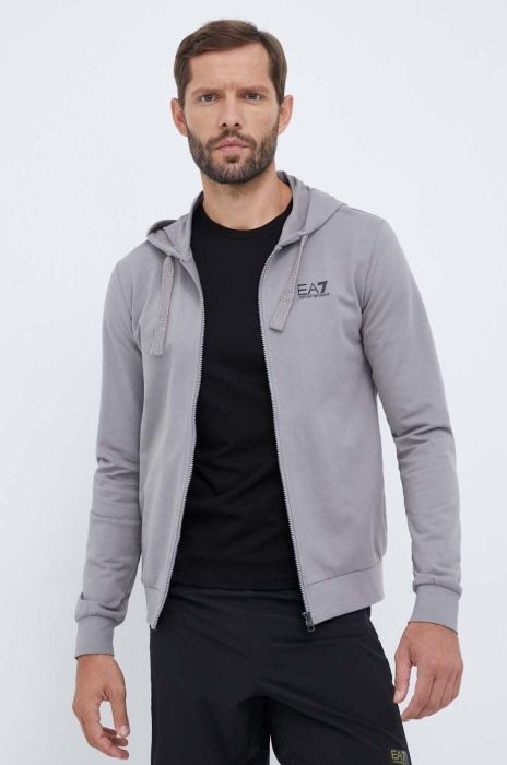 Бавовняна кофта EA7 Emporio Armani чоловіча колір сірий з капюшоном однотонна