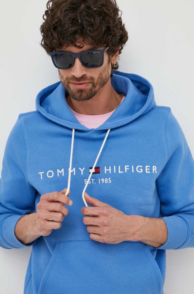 Кофта Tommy Hilfiger чоловіча колір бірюзовий з капюшоном з аплікацією