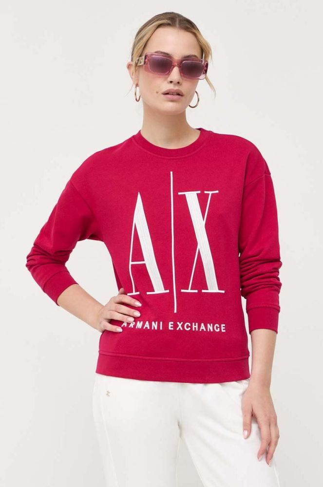 Бавовняна кофта Armani Exchange жіноча колір фіолетовий з аплікацією