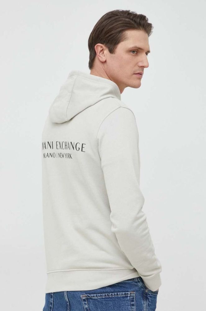 Бавовняна кофта Armani Exchange чоловіча колір зелений з капюшоном однотонна фото 2