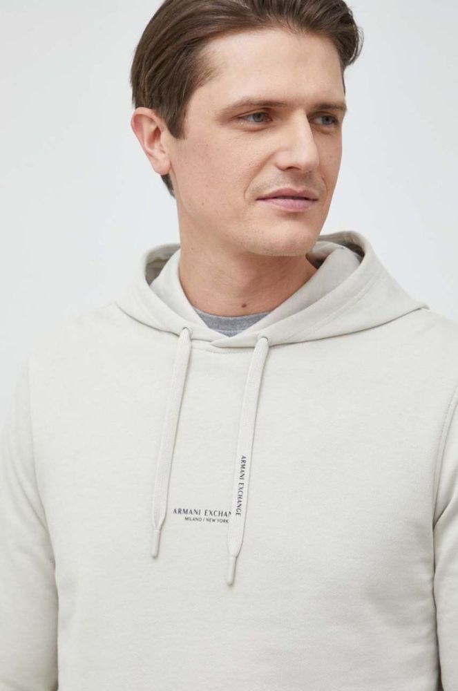 Бавовняна кофта Armani Exchange чоловіча колір зелений з капюшоном однотонна фото 3