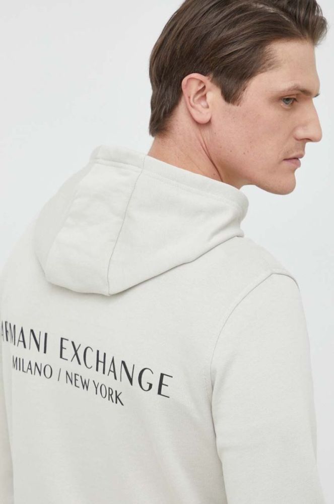 Бавовняна кофта Armani Exchange чоловіча колір зелений з капюшоном однотонна фото 4