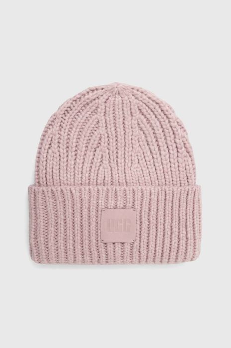 Шапка з домішкою вовни UGG колір рожевий з товстого трикотажу