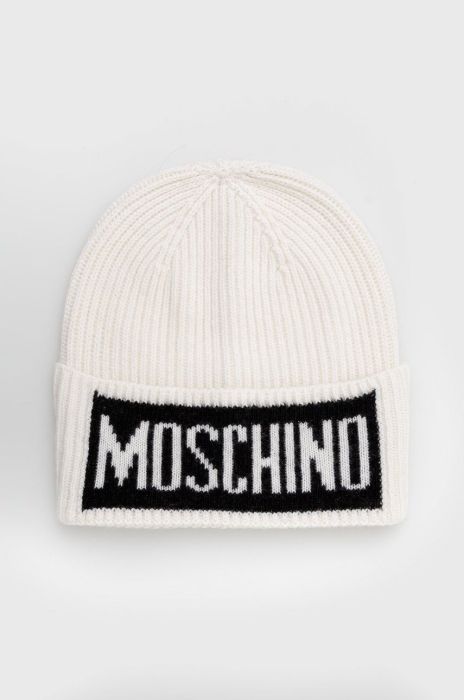 Шапка з домішкою вовни Moschino колір білий з товстого трикотажу