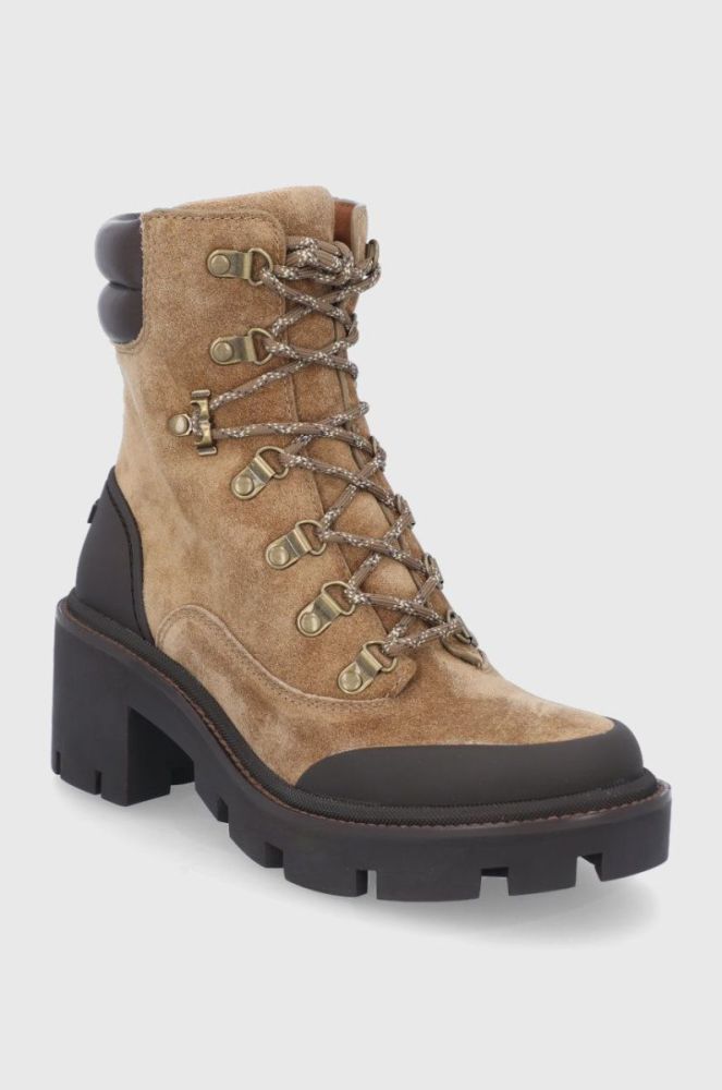 Замшеві черевики Tory Burch Lug Sole Hiker жіночі колір коричневий каблук блок фото 2