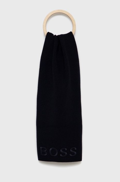 Вовняний шарф Boss колір синій з аплікацією