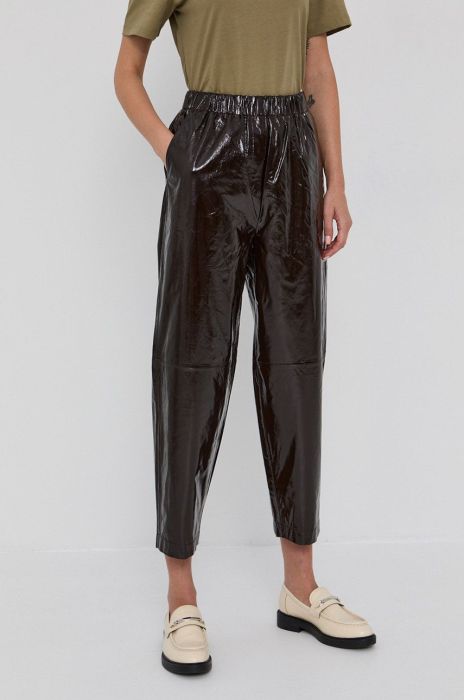 Шкіряні штани Samsoe Samsoe жіночі колір коричневий широке висока посадка