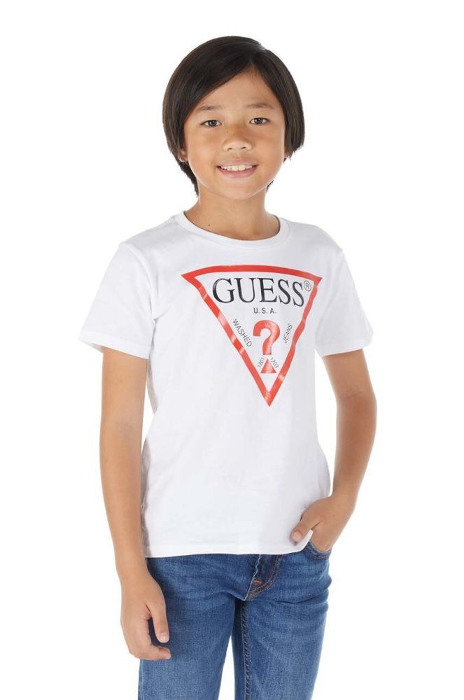 Дитяча бавовняна футболка Guess колір білий з принтом (1536109)
