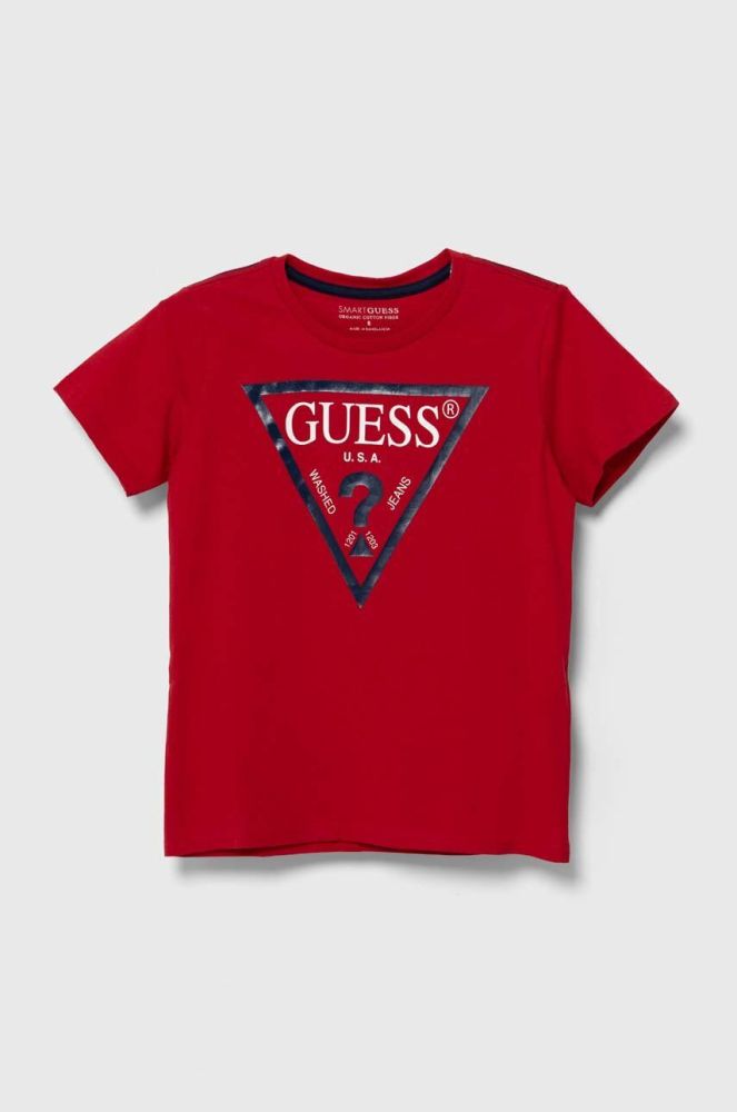 Дитяча бавовняна футболка Guess колір червоний з принтом (1536133)