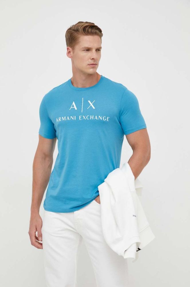 Бавовняна футболка Armani Exchange з принтом колір блакитний (3348238)