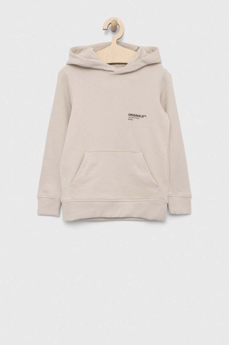 Дитяча бавовняна кофта Jack & Jones колір бежевий з капюшоном з принтом