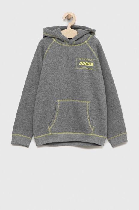 Дитяча кофта Guess колір сірий з капюшоном однотонна