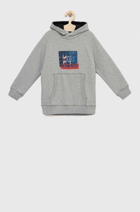 Дитяча бавовняна кофта Pepe Jeans Omar колір сірий з капюшоном з принтом